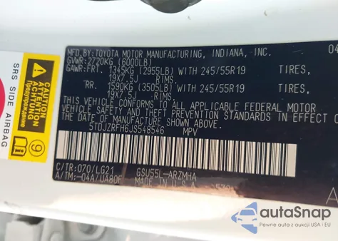 2018 Toyota Highlander Se z USA, uszkodzony, nr VIN 5TDJZRFH6JS548546